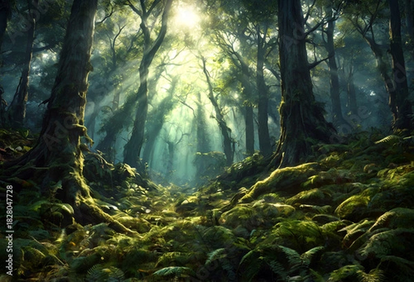 Fototapeta Sun rays through tree branches. Generative AI