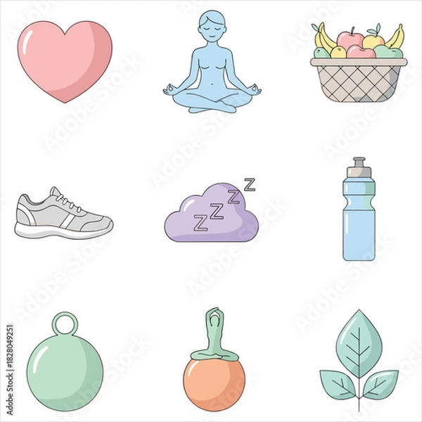 Fototapeta Modern health and wellness concept icons for balanced lifestyle isolated on white background, Vector