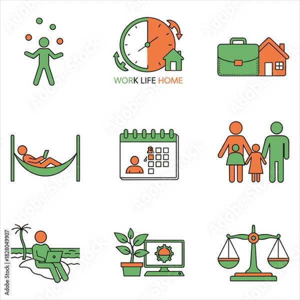 Fototapeta Work-life balance, remote job flexibility, modern lifestyle icons isolated on white background, Vector