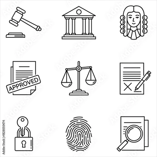 Fototapeta Law and justice icon set: courthouse, gavel, approved document isolated on white background, Vector