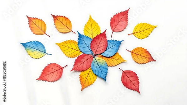 Fototapeta Vibrant gradient autumn leaves arranged in a captivating radiating pattern, showcasing a beautiful blend of warm and cool seasonal colors, symbolizing transition and natural artistry