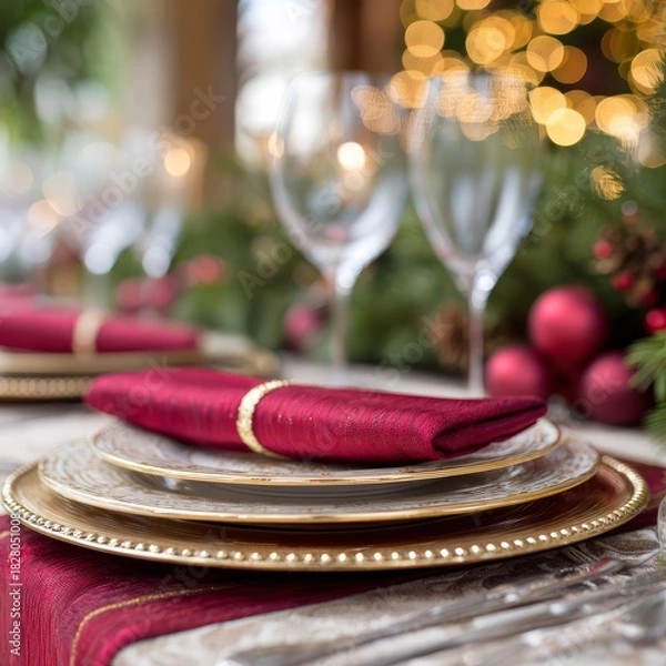 Obraz A beautifully arranged dinner table showcases red napkins and gold-trimmed plates, surrounded by sparkling lights and holiday decorations, creating a warm atmosphere
