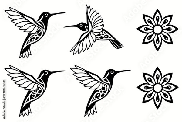 Fototapeta Mandala style hummingbird icon set with minimalist geometric design