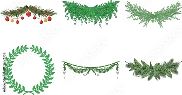 Fototapeta Collection of festive greenery garlands and wreaths isolated on transparent background, perfect for adding a touch of nature