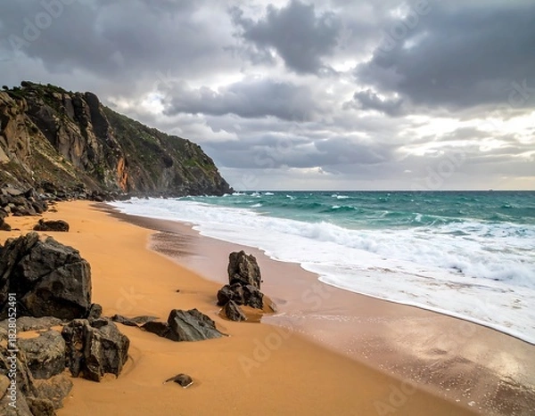 Obraz Dramatic beach scene; waves crashing, golden sand, rocky cliffs under a cloudy, dynamic sky