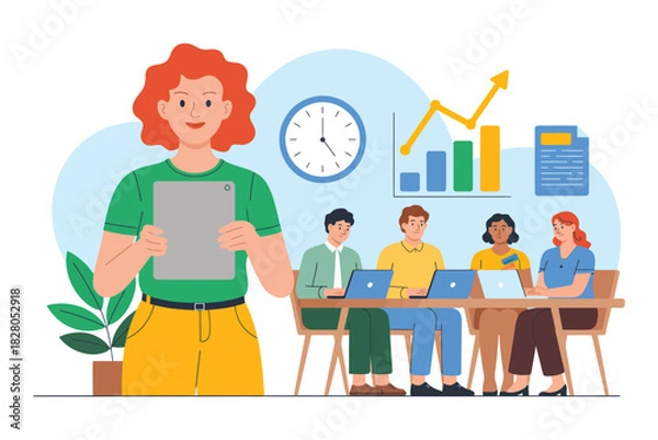 Fototapeta Woman presenting to team with laptops and charts in a business setting room