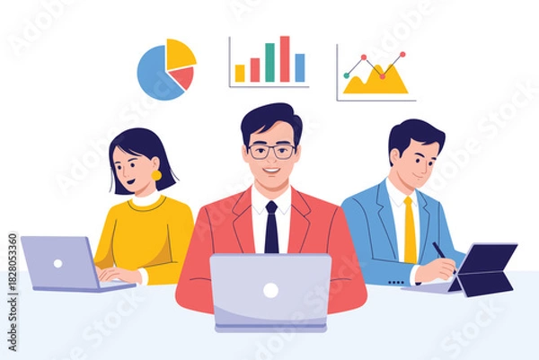 Fototapeta Team working on data analysis with laptops and charts in a business setting