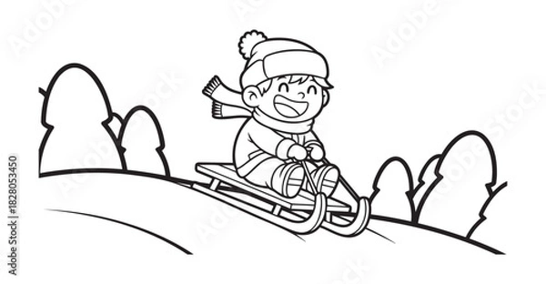 Fototapeta Black and white coloring page of child sledding on snowy hill — ideal for kids, education and winter activity content.
