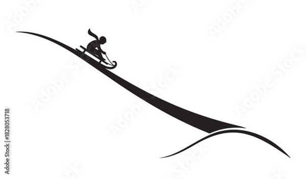 Fototapeta Black silhouette of person sledding down hill on white background — ideal for winter sports, fun and design content.