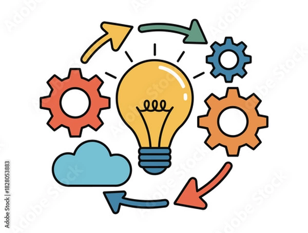 Fototapeta Lightbulb surrounded by gears cloud and arrows representing innovation process