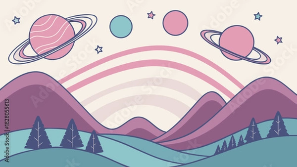 Fototapeta A whimsical landscape featuring rolling hills, stylized trees, and celestial bodies, creating a dreamy and imaginative scene with a pastel color palette