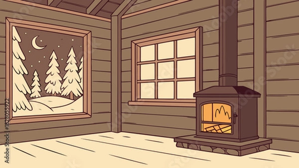 Fototapeta A cozy cabin interior with a warm fireplace, a window showing a snowy winter scene, and wood paneled walls creating a peaceful atmosphere