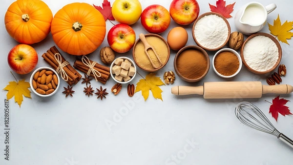 Fototapeta Top view of fall baking ingredients such as pumpkin, apples, flour, sugar, and spices with a whisk, perfect for seasonal recipes