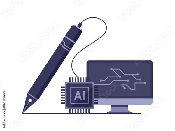 Obraz A stylus pen connected to a computer screen via a central processing unit labeled AI.