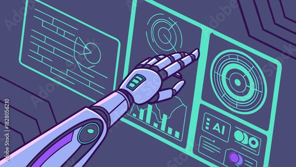 Fototapeta A robotic arm interacts with a futuristic interface, displaying complex data visualizations and ai indicators in a sleek, modern design