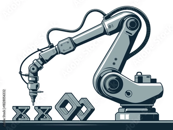 Obraz A robotic arm manufactures intricate geometric shapes using additive manufacturing.
