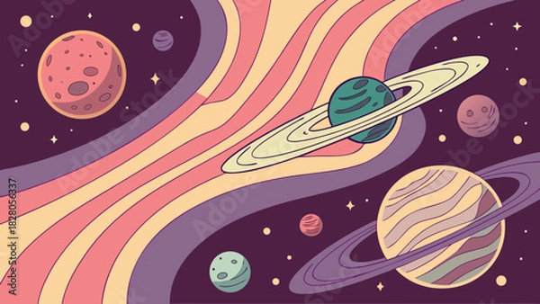 Fototapeta A whimsical space adventure unfolds with planets adorned with rings, set against a backdrop of swirling pastel hues and twinkling stars