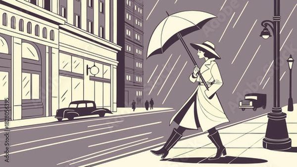Fototapeta A woman in a trench coat walks in the rain with an umbrella in a city street, with buildings, cars, and streetlights in the background