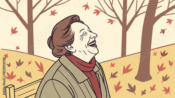 Fototapeta An elderly woman laughs joyfully on a park bench as autumn leaves fall around her, creating a heartwarming scene of seasonal happiness and peace