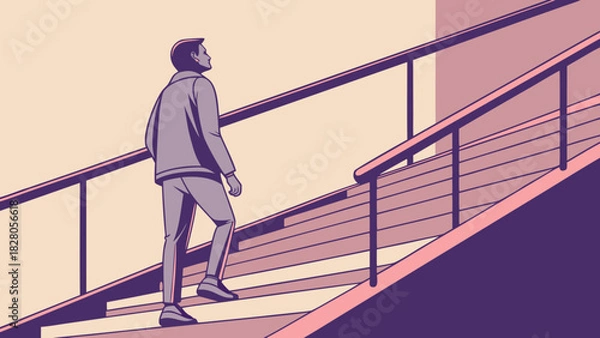 Fototapeta A man in a jacket ascends a staircase, his gaze fixed upwards, symbolizing ambition and progress towards a brighter future or a challenging goal