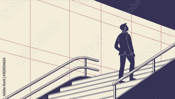 Fototapeta A man in a suit ascends a staircase with a gridpatterned wall, symbolizing ambition and progress in a stylized, modern illustration