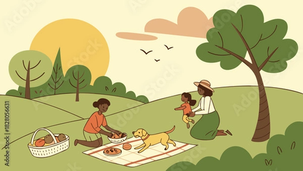 Fototapeta A family enjoys a picnic on a sunny day in a lush green park, with rolling hills, trees, and a bright sun in the sky, creating a serene atmosphere