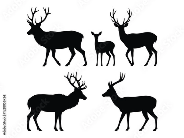 Obraz A family of deer stands together, displaying their majestic antlers in silhouette.