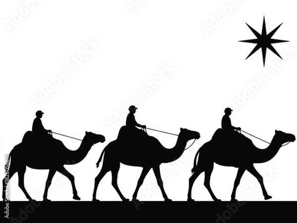 Fototapeta Silhouetted wise men ride camels under a star in a stark depiction of a journey.