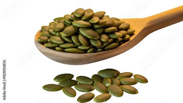 Obraz A wooden spoon full of vibrant green pumpkin seeds, with a small pile spilled beside it, all isolated on transparent background