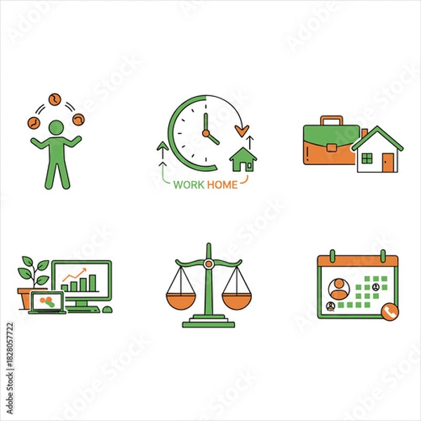 Fototapeta Modern business work-life balance remote work vector icon set isolated on white background, Vector