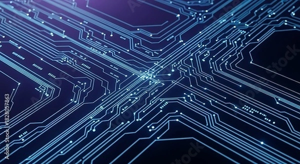 Fototapeta Blue Glowing Circuit Lines Illuminating the Future of Information Technology and Digital Connectivity
