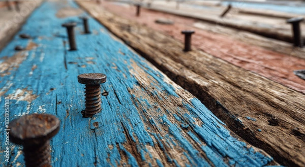 Obraz Rusty bolt on weathered blue-painted wooden planks; textured surface concept.