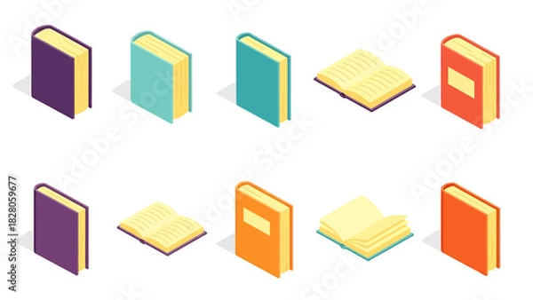 Fototapeta Isometric books collection in various colors, learning and knowledge.