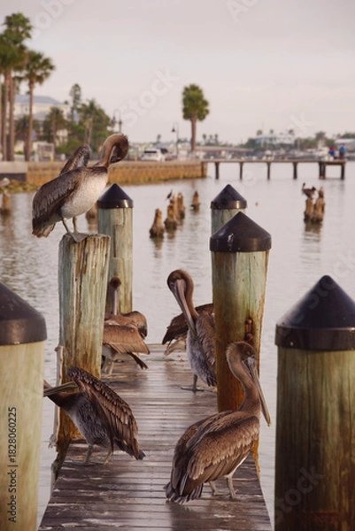 Obraz Serene Dock With Pelicans Perched Along Weathered Pilings Over Quiet Green Water At Sunset Harbor Scene in St. Pete Beach, FL. Several pelicans perched along the pilings, reflecting softly on green-ti