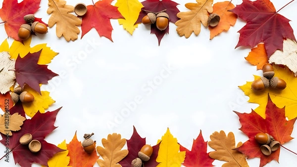 Fototapeta A vibrant frame of colorful autumn leaves and acorns on a white background, creating a beautiful seasonal border with ample copy space for text