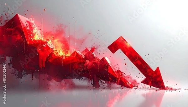 Obraz Dramatic downward arrow, red and fragmented, appears to be dissolving against a bright, neutral backdrop