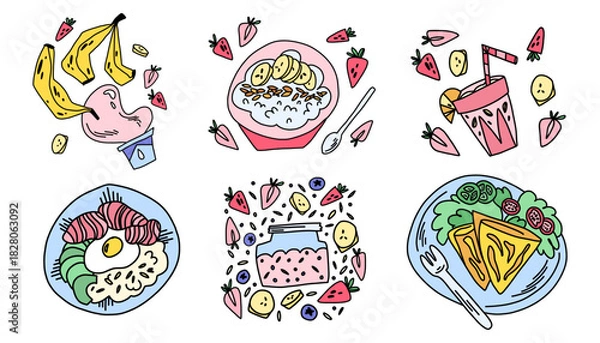 Obraz A large collection of varied healthy breakfasts with granola, porridge, omelettes and bowls