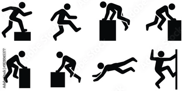 Obraz Stickman parkour movement set, Obstacle action silhouette pack, Athletic motion icon collection