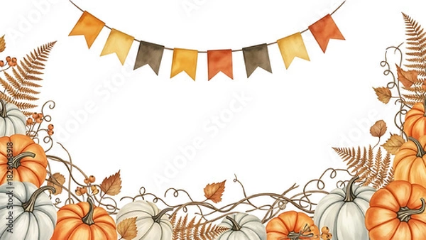 Fototapeta Elegant watercolor autumn border showcasing vibrant pumpkins, delicate ferns, and a cheerful banner, capturing the essence of fall harvest celebration