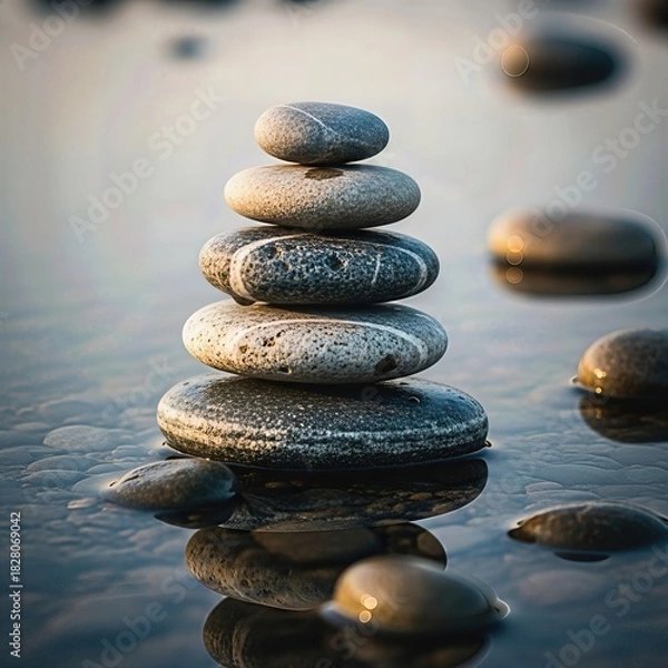 Fototapeta Balanced stack of river stones with soft reflections