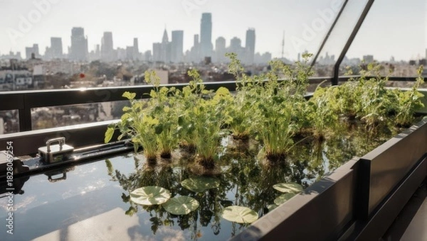 Fototapeta Modern rooftop terrace featuring a water garden with a cityscape background.