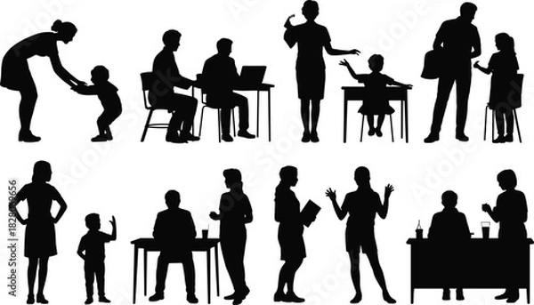 Fototapeta Set of vector silhouettes depicting people interactions including teacher student parent child and business meeting scenes.