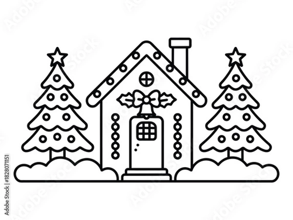 Fototapeta A christmas house with christmas trees and decorations in a line art style