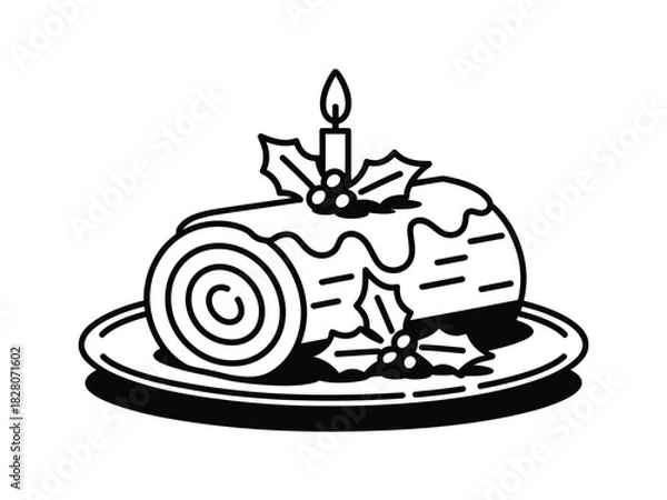 Fototapeta Decorative yule log cake with candle and holly on a plate in black and white outline