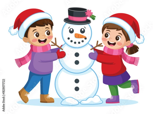 Fototapeta Two children happily building a snowman with a hat and carrot nose in winter scene