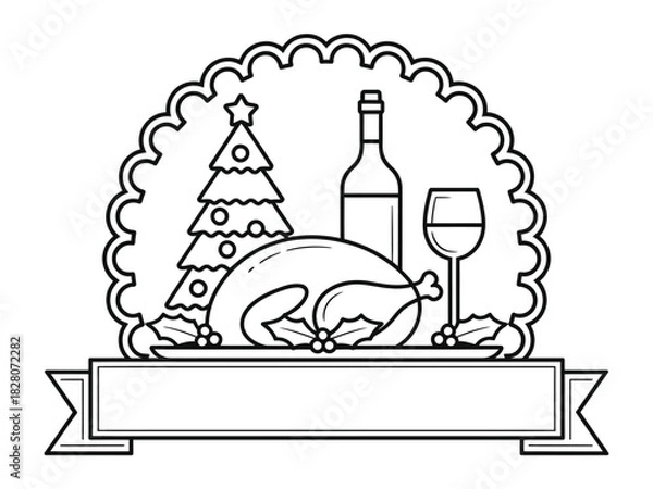 Fototapeta Outline drawing of christmas dinner with turkey wine tree and banner for text