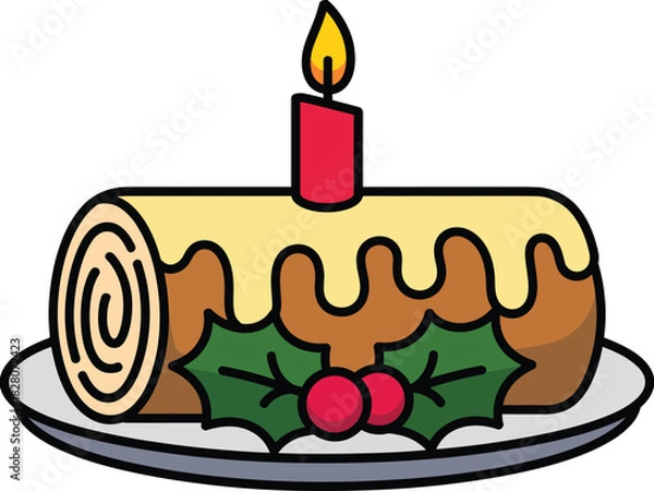 Fototapeta Illustration of a yule log cake with a candle and holly berries on a gray plate