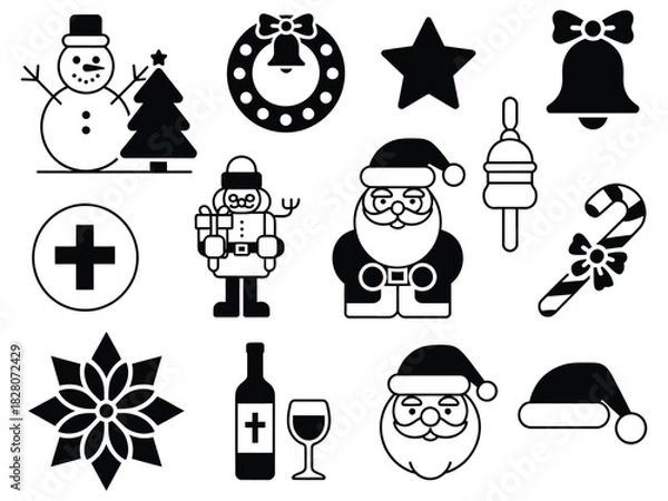 Fototapeta Collection of christmas themed black and white vector icons on a white background