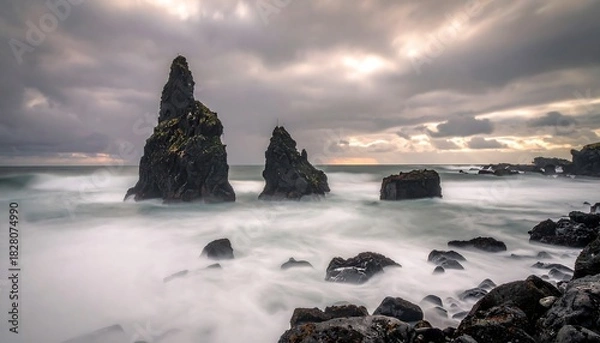 Obraz Dramatic seascape featuring black rock formations and blurred wave motion under a cloudy sky