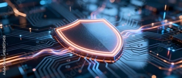 Fototapeta Glowing Digital Shield on Circuit Board